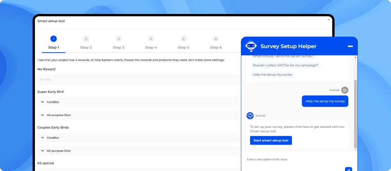 PledgeBox AI Setup Wizard guiding survey configuration