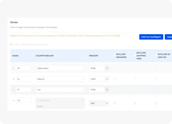 Tax rate configuration panel showing country and state-based settings