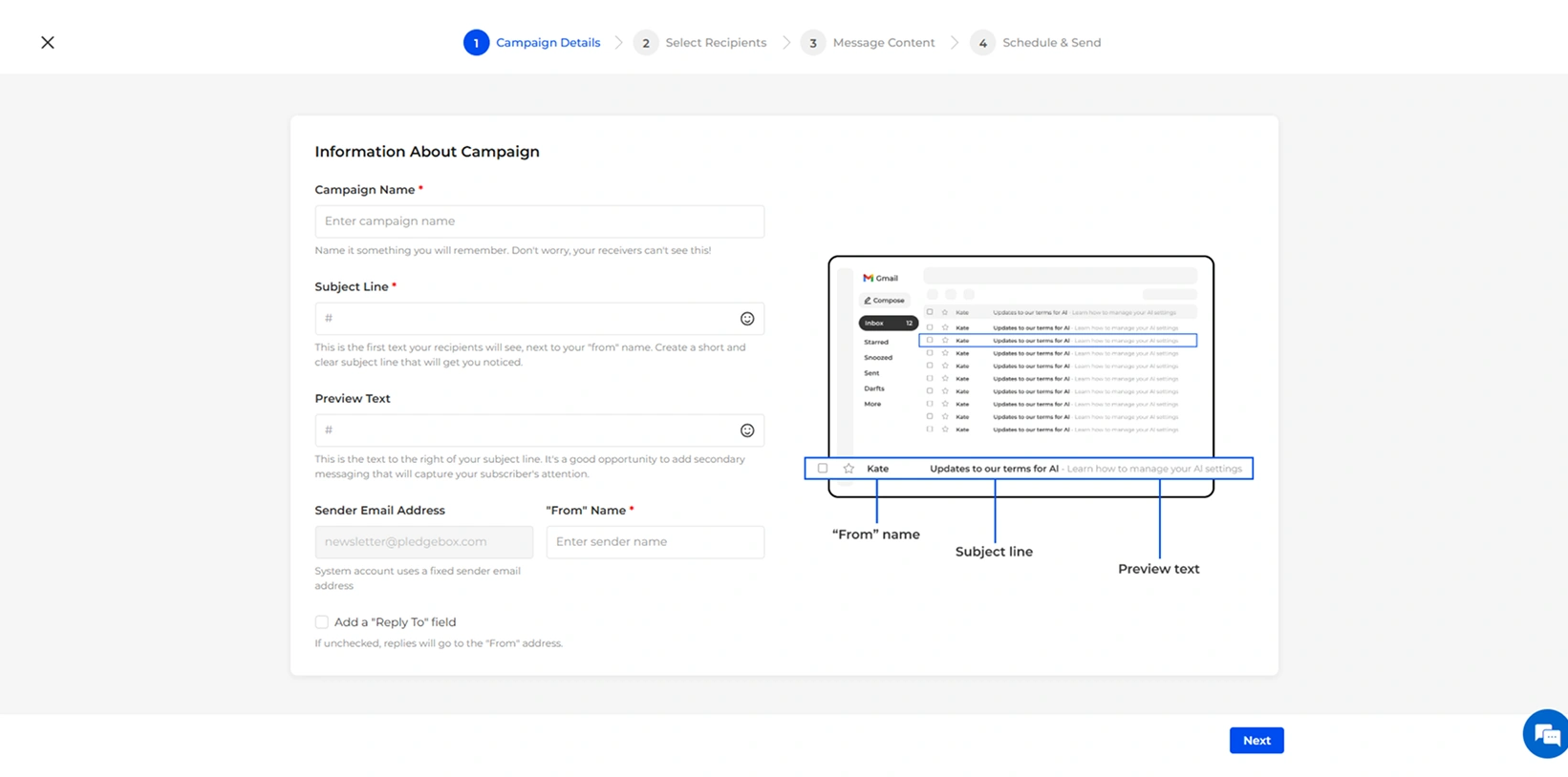 PledgeBox email marketing interface