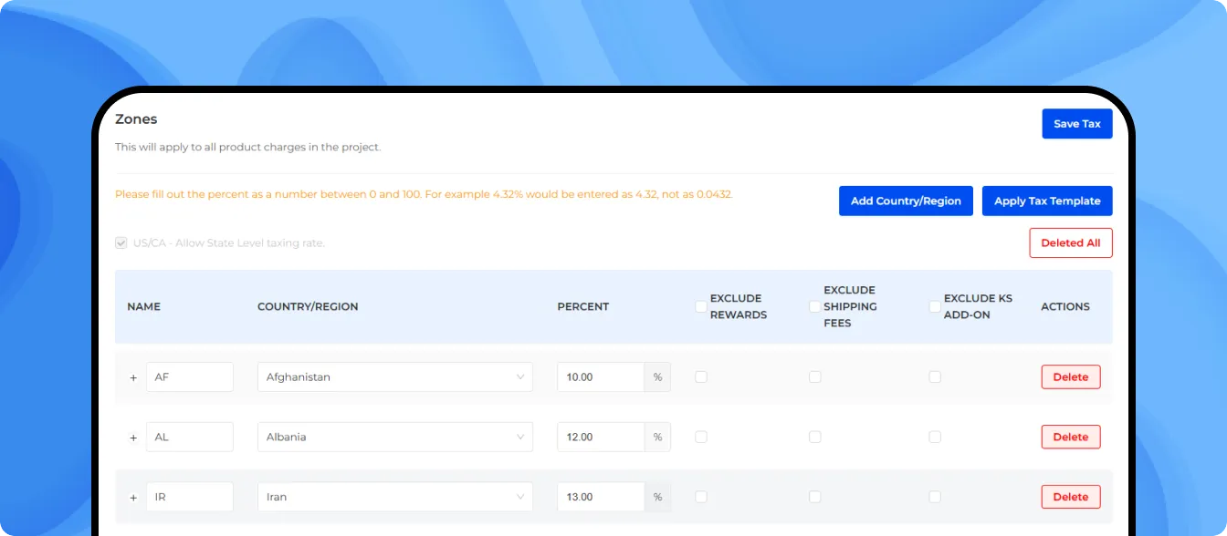 PledgeBox Tax and VAT calculation settings dashboard